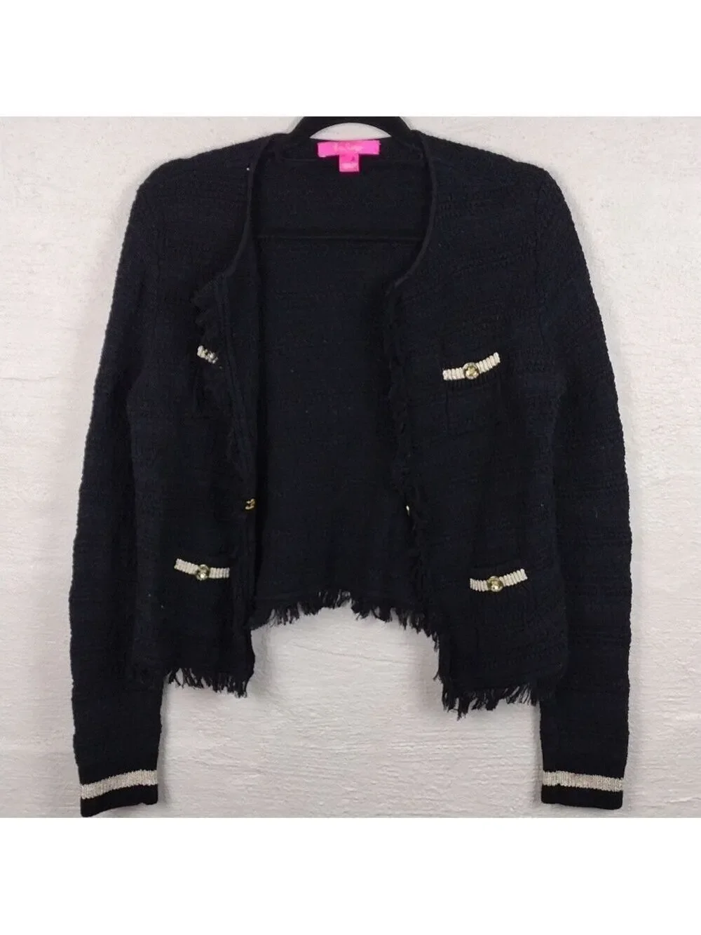 Lilly Pulitzer Black Gold Metallic Textured Knit One Clasp Front Cardigan Jacket